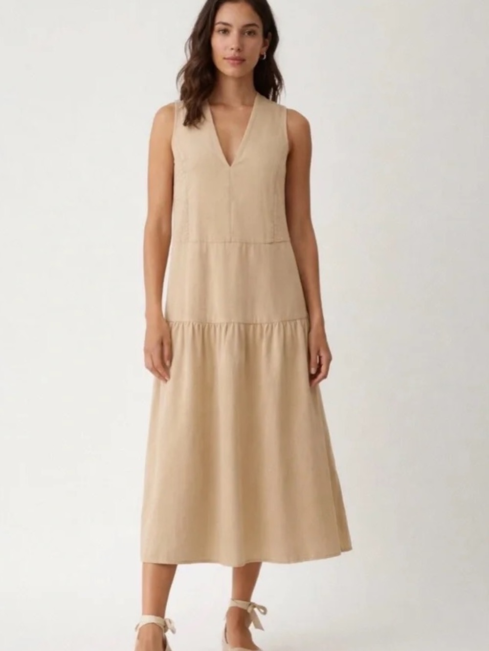 EVERLANE (XXS) 100% Tencel Lyocell Sleeveless Tiered Midi Dress Soft Tan/Beige